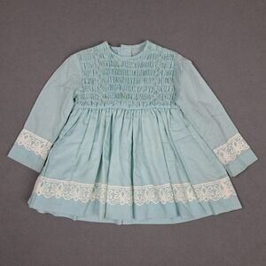 Vintage‎ Handmade Girls Dress Size 4-5 Blue White Lace Trimmed Polka Dot 50s 60s